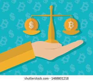 hand with bitcoin and dollar scale cryptocurrency finance design vector illustration