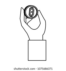 Hand with bitcoin on black and white