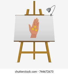 Hand with bitcoin on easel. Crypto money profit concept. Flat vector illustration. Cryptocurrency symbol