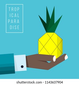 Hand of black businessman holds pineapple icon - vector illustration in flat style - concept try it out
