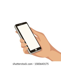 Hand with black cell phone. Vector illustration