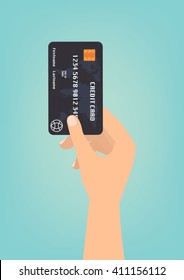 Hand with black credit card for payment on green background Vector illustration business concept design.