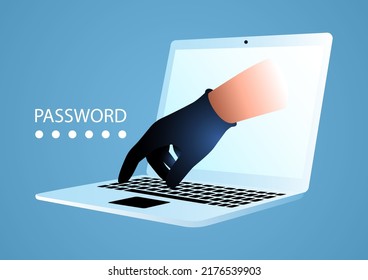 Hand in black glove comes out of the monitor screen and typing on the keyboard, data and password breach, vector illustration