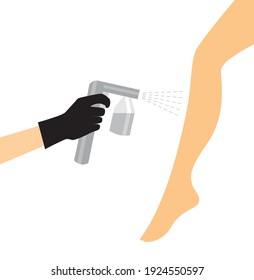 Hand in a black glove with a gray spray tan machine sprays tan on a woman's leg. Vector illustration of auto tanning procedure