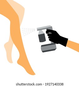 Hand in a black glove with a gray spray tan machine sprays tan on a woman's leg. Vector illustration of auto tanning procedure