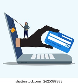 A hand in a black glove holding credit card to going out of laptop screen with tiny hacker trying to stealing folder from laptop screen. Phishing scam, spyware, online payment hacking.