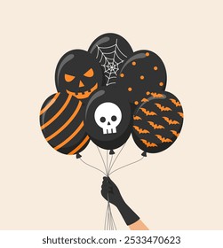Hand in black glove holding black Halloween balloons. Flat vector illustration
