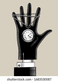 Hand in black glove with a retro pocket watch. Vintage stylized drawing. Vector Illustration