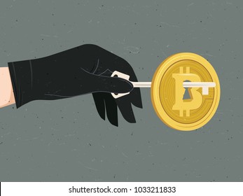 Hand with black glove using key to open Bitcoin, hacker hacking Bitcoin security system