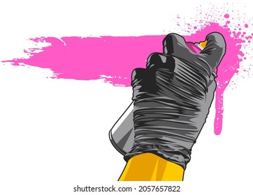 Hand In Black Holding Aerosol Can Spraing Paint Strip. Vector Graffiti Banner With Blank Copy Space.