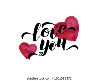 Hand black lettering love you decorated with hearts for printing, poster, textile, decor, postcards, cards