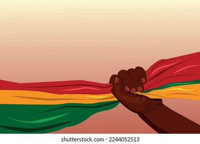 the hand of a black man clutches the flag of the African continent. Black History Month, Background Illustration  ornament in yellow, red, green color