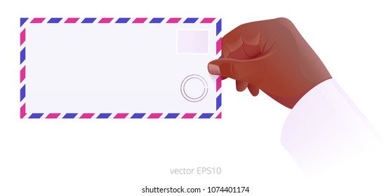 Hand of black man with transparent sleeve holds a blank template of DL envelope. Paper cover with empty space for address. Mockup of express airmail with border of red and blue stripes. Vector icon.