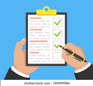 Hand with black pen and clipboard with green checklist. Fill form concept. Vector illustration.
