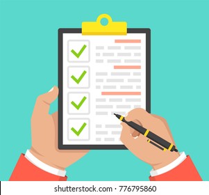 Hand with black pen and clipboard with green checklist. Fill form concept. Vector illustration.