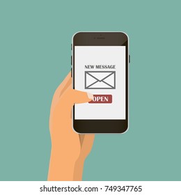 Hand with black smartphone.New message on the screen