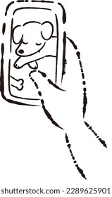 A hand (black and white) holding a smartphone displaying the state of a pet dog (image)