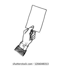 Hand with blank vertical paper card in engraved style vintage victorian advertising retro element promo sign with copy space for text or design isolated on white