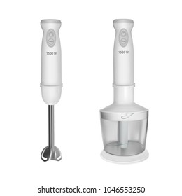 Hand blender, illustration, vector on a white background.The blender is multifunctional with different nozzles.