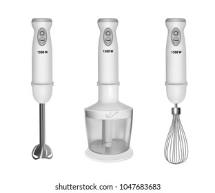 Hand blender, illustration, vector on a white background.The blender is multifunctional with different nozzles.