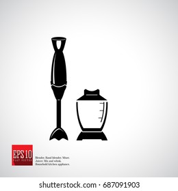 Hand blender set with beaker switch on/off button appliance. Flat vector icon, household equipment.