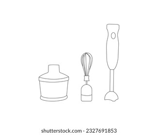 Icono de la línea delgada de la mezcladora de la mano.Dispositivos domésticos de cocina símbolo de vector de contorno de trazo editable.mezclador sumergible y accesorios.diseño de icono de la mezcladora de la mano plantilla de vector.aislado en el fondo blanco