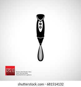Hand blender with whisk and two speed buttons appliance. Flat vector icon, household equipment.