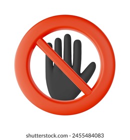 Hand blocking sign stop, crossed red circle and black palm prohibition road sign 3D vector icon. Forbidden warning stop symbol. Volume caution restricted signal