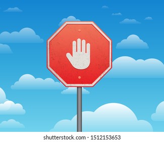 Hand blocking sign stop on sky background. Ad block or red stop sign icon with hand. Vector illustration.