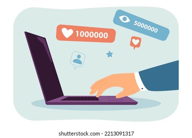 Mano de blogger usando laptop para comunicarse con la comunidad. Blog con 1 y 5 millones de "me gusta" y ve una ilustración vectorial plana. Concepto de medios sociales para banner, diseño de sitios web o página web de aterrizaje