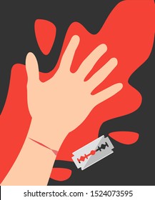 Hand with blood after injuring self using razor vector illustration design.  Depression  and mental health concept element.  Can be used for web, mobile and print. Suitable for infographic