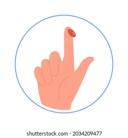 A hand with blood drop from fingertip. Blood test for diabetes. Icon for blood sample. Medical checkup. Vector Illustration isolated on background.