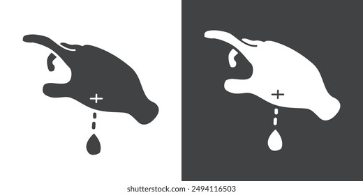Mano con icono de gota de sangre Conjunto plano en Vector de contorno de color blanco y negro