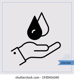 Mano con símbolo de gota de sangre. Elemento del icono de medicina. Icono de línea delgada. profesional, alineado con píxeles, Pixel Perfecto, Editable Stroke, Easy Scalablility. 8x, 256px.