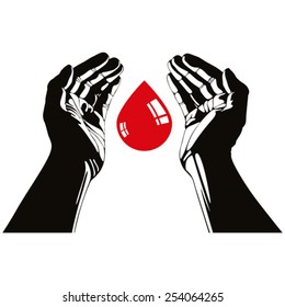 Mano con símbolo vector de gota de sangre.