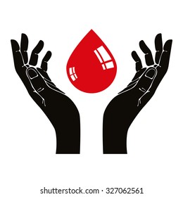 Hand with blood drop vector symbol, healthcare and medical theme.