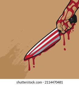 Mano con un cuchillo sangriento. Un ataque a una persona con un arma fría. Ilustración vectorial plana.
