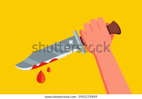 hand with a bloody knife. an attack\
on a person with a cold weapon. flat vector\
illustration.