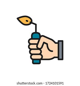 Hand With Blow Torch, Device For Gas Welding Works Flat Color Line Icon.