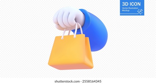 A hand in blue attire holds a vibrant yellow shopping bag, emphasizing contemporary shopping trends. The design is simple yet effective, conveying excitement in shopping.