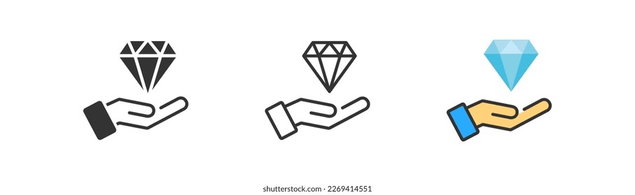 Hand with blue diamond icon. Value symbol. Gem, jewelry, luxury store, treasure, brilliant. Reward, special bonus concept. Outline, flat and colored style. Flat design. 