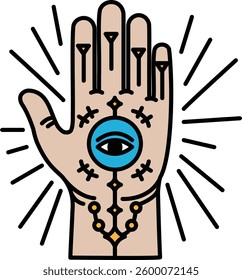 A hand with a blue eye in the middle of it. The hand is surrounded by a circle of dots