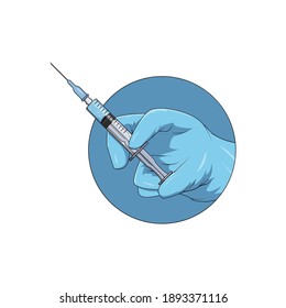 Hand in blue glove holding syringe with copy space