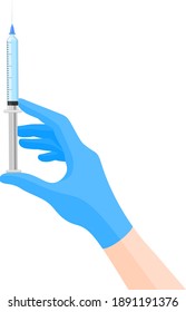 Doctor’s hand in blue gloves holding coronavirus, covid-19 vaccine. vaccination shot, medicine and drug concept. Vector illustration.