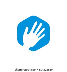 Hand in Blue Hexagon shape vector logo template Illustration Design. Vector EPS 10.