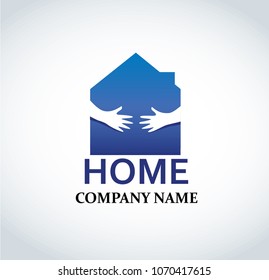 hand in blue house logo design for real estate property industry vector illustration