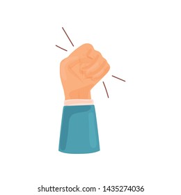 Hand in a blue jacket clenched into a fist. Vector illustration on white background.