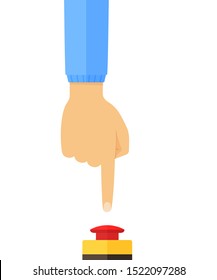 Hand in blue jacket pushing or pressing the big mushroom emergency stop switch station red button. Side view. Flat style vector concept illustration isolated on white background.