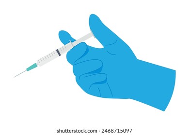 hand in a blue medical glove holding a syringe- vector illustration