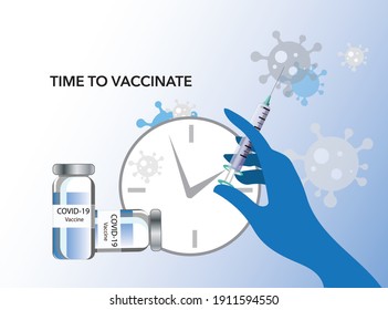 A hand in a blue medical glove holds a syringe next to the vaccine bubbles against the background of a clock face and coronavirus symbols. Vector illustration to popularize Covid-19 vaccination. 